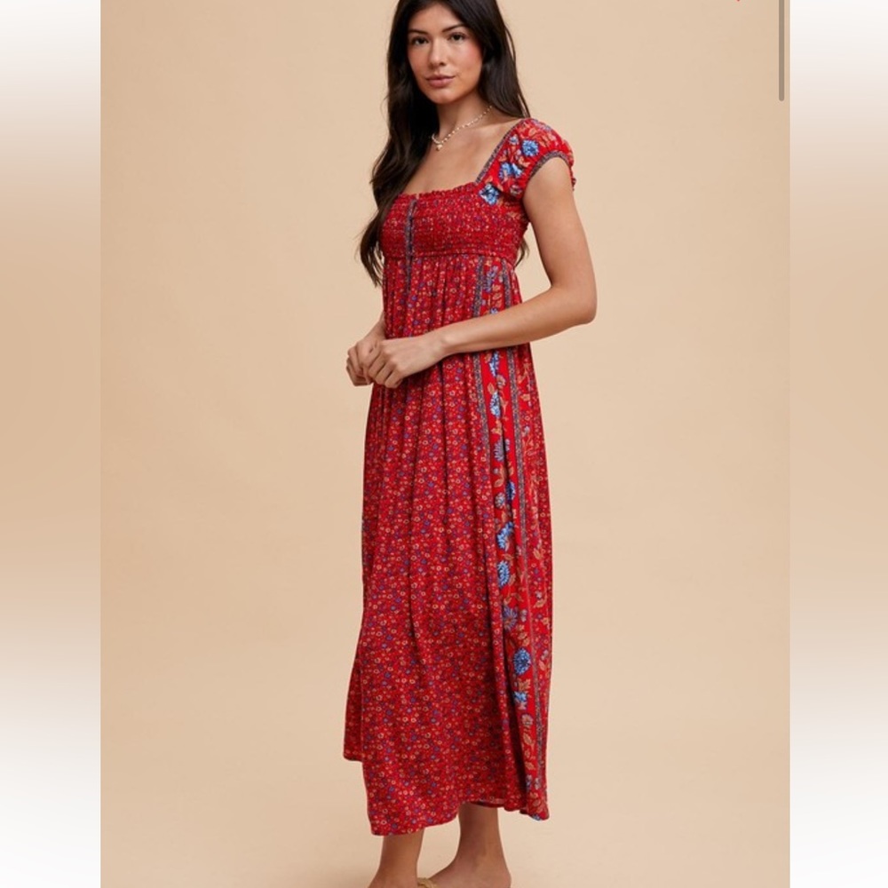 Retro Red Floral Border Print Smocked Boho Maxi Dress